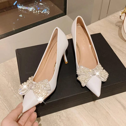 Pearl Crystal Bow-Knot Wedding Pointed Toe Heels